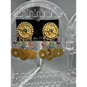 Vintage Matte Gold Tone Etruscan Style Earrings Statement Dangle Pierced